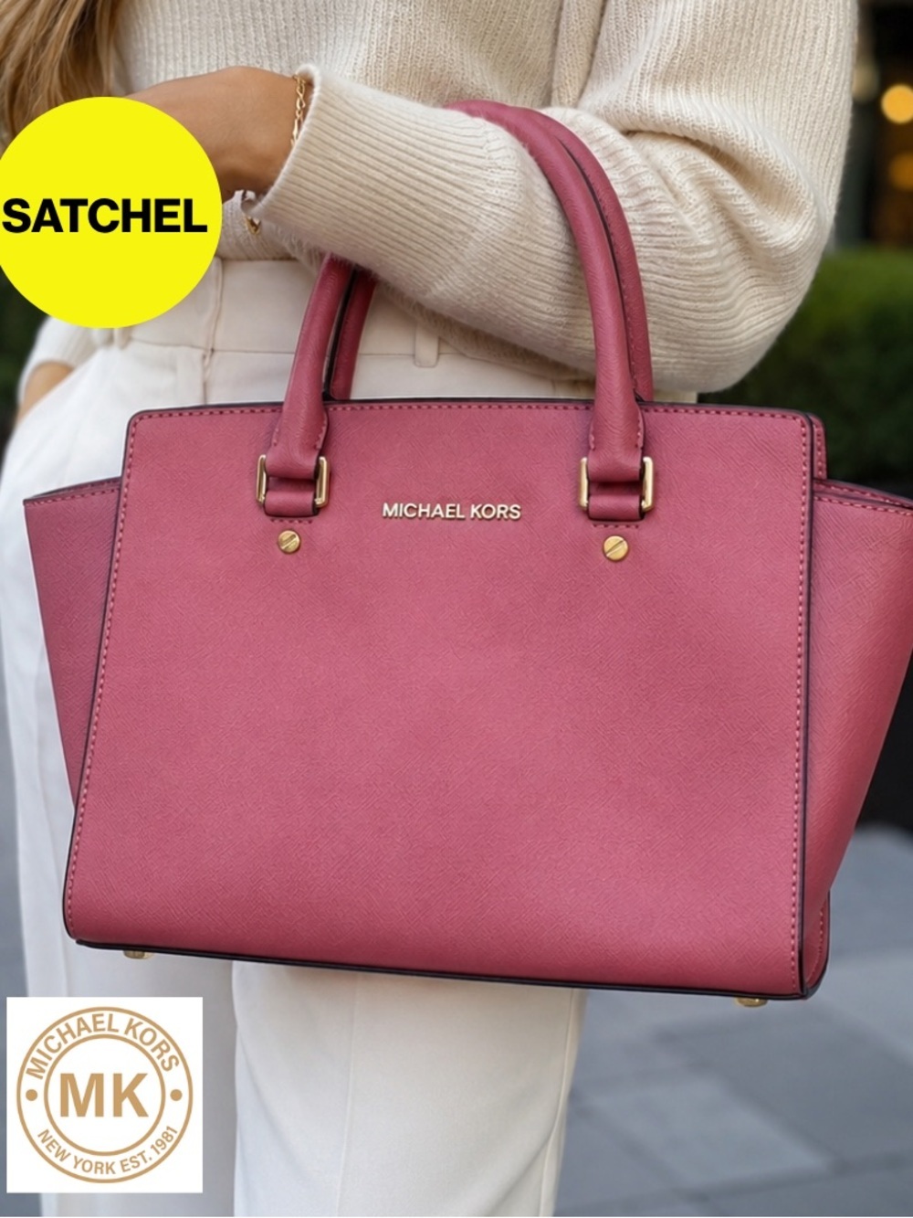 MICHAEL KORS 💖 Mauve Structured Satchel, Double Handles, Leather (8x14 inches)
